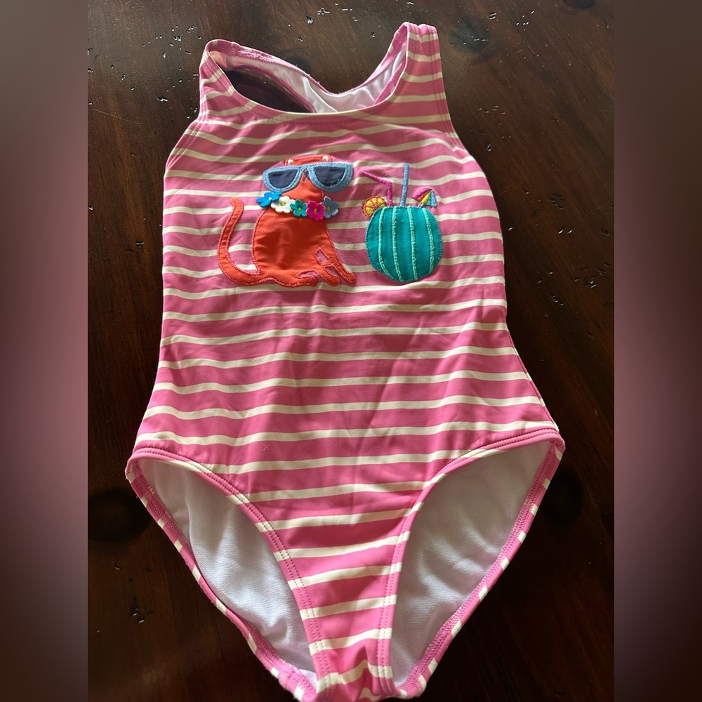 Boden Pink Striped Swimsuit with Cat and Drink, size 5-6Y.